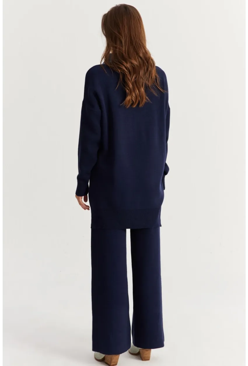 Kadın Lacivert Denim Yakalı İncili Alt Üst Triko Takım MNUV22