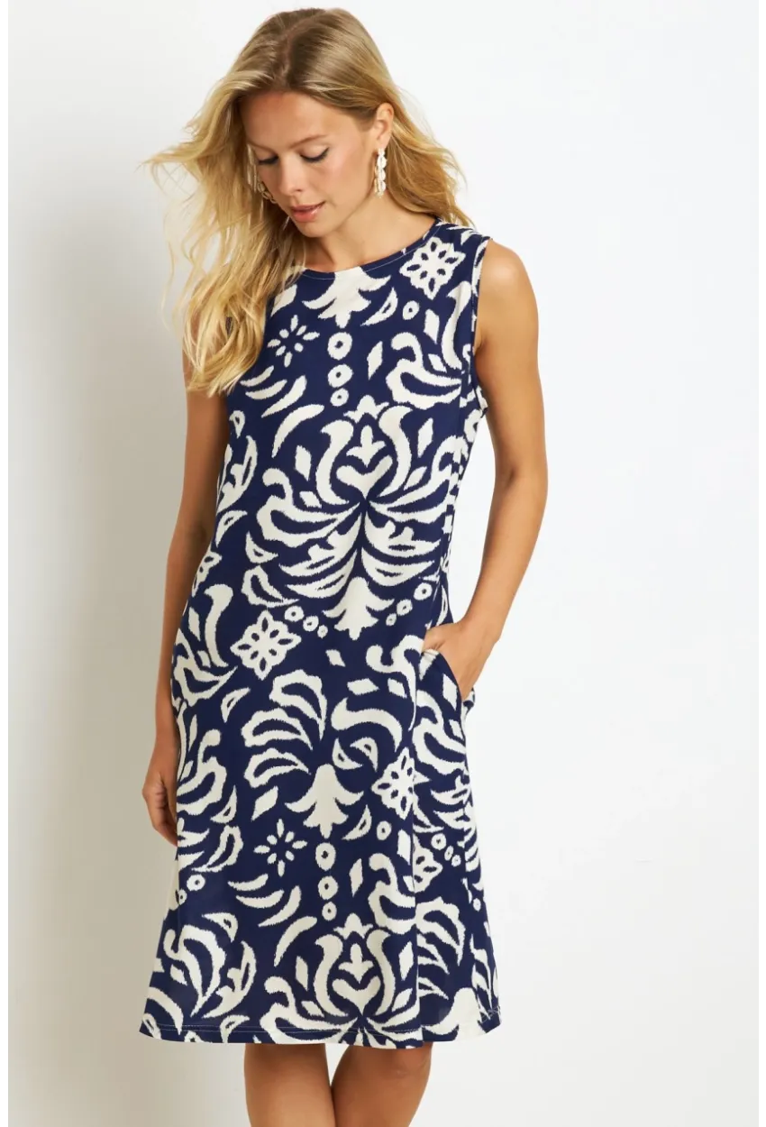 Kadın Lacivert Desenli Cepli Midi Elbise YZ1059