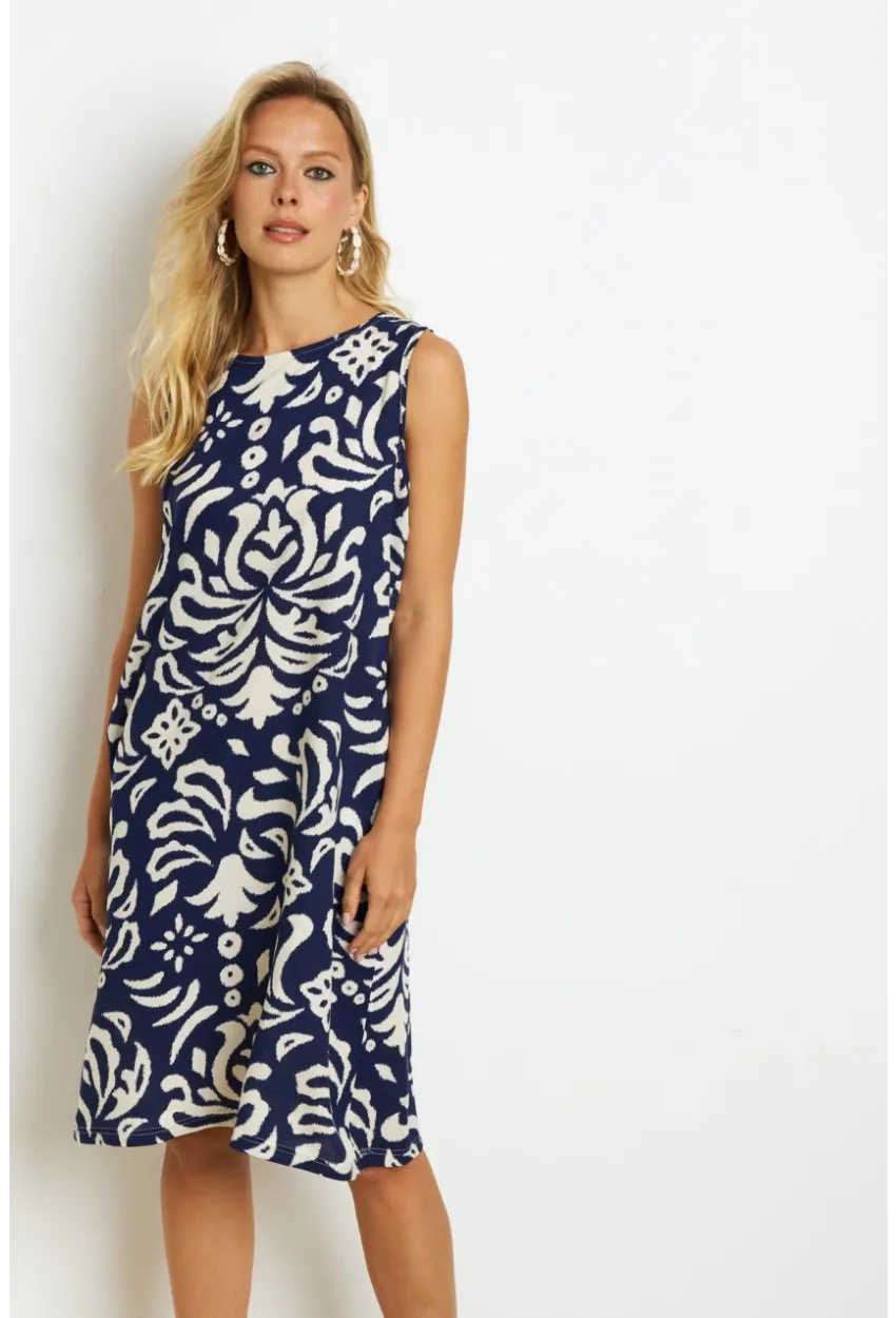 Kadın Lacivert Desenli Cepli Midi Elbise YZ1059