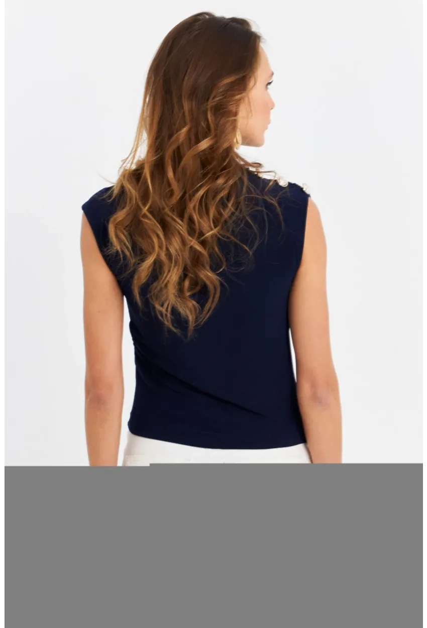 Kadın Lacivert Düğme Detaylı Büzgülü Bluz LPP1205-1