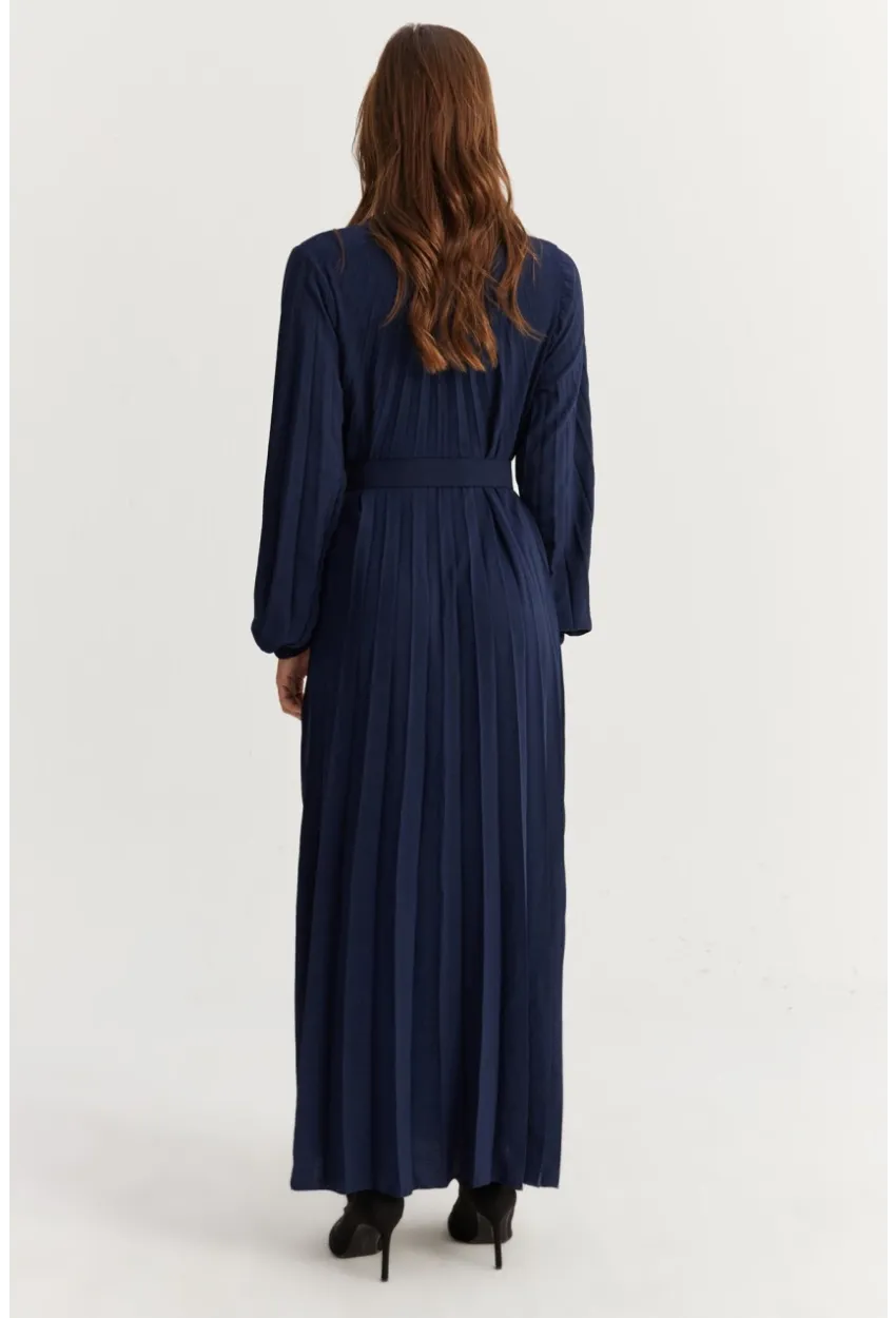 Kadın Lacivert Kemerli Plili Maxi Elbise ALZ500