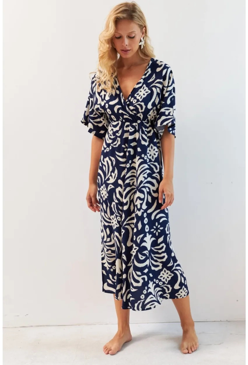 Kadın Lacivert Kruvaze Desenli Midi Elbise YZ1152