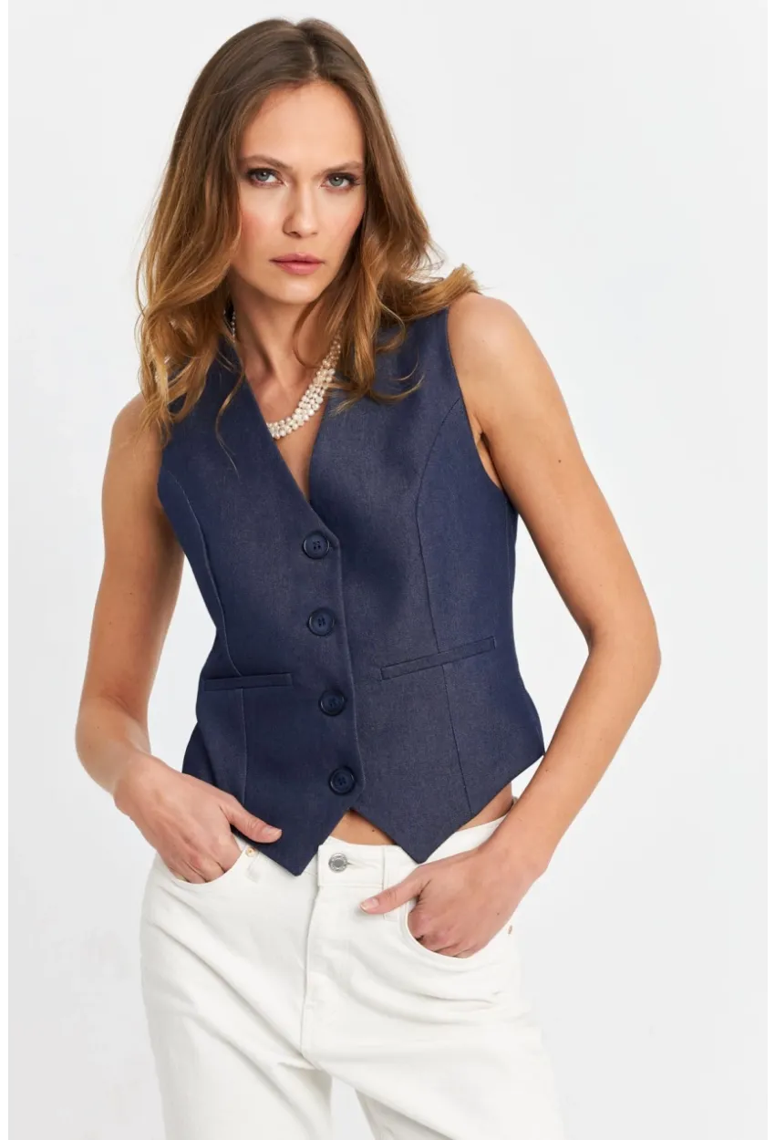 Kadın Lacivert Leopar Yelek TW21