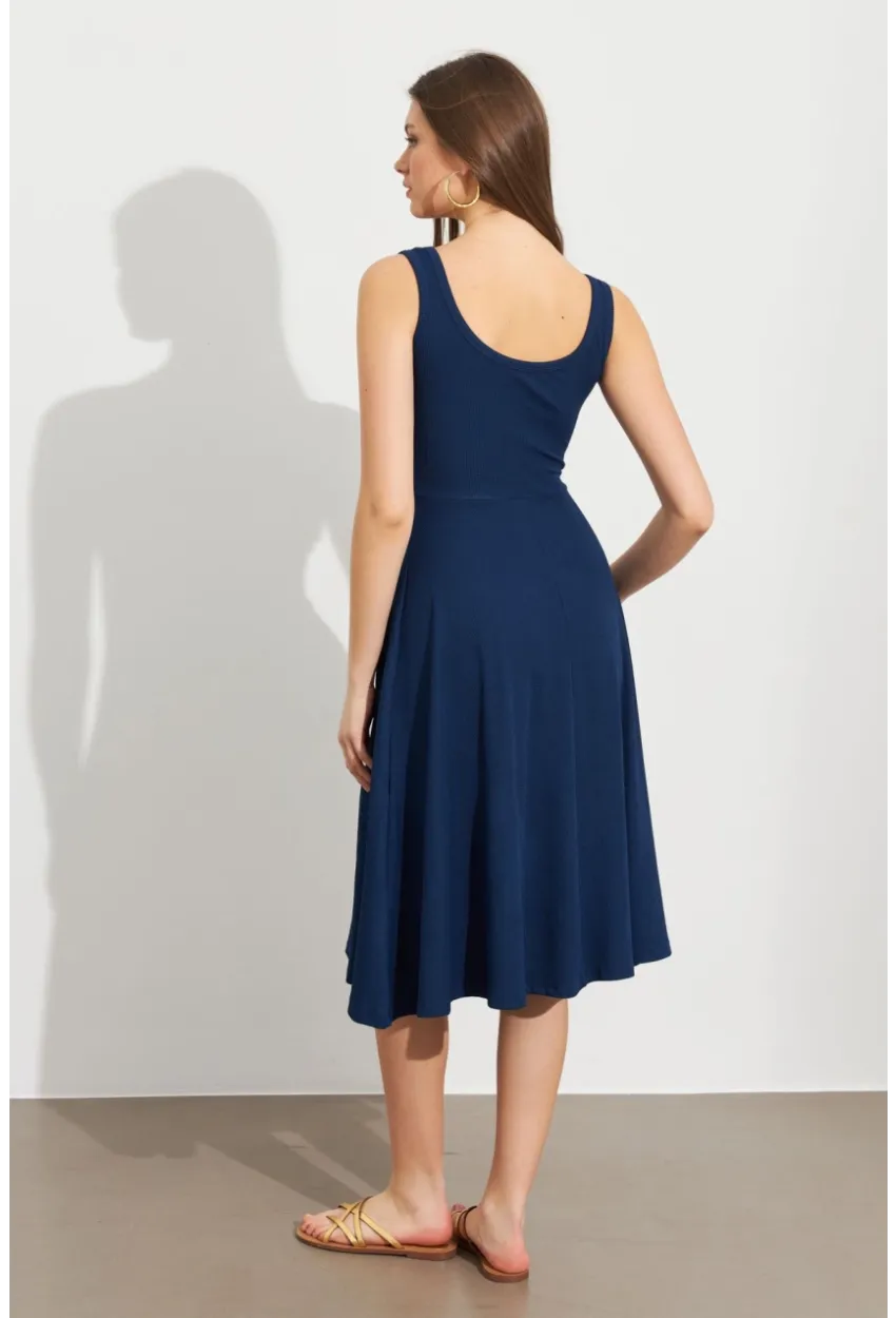 Kadın Lacivert Ön Arka U Çan Etekli Midi Elbise DMR470