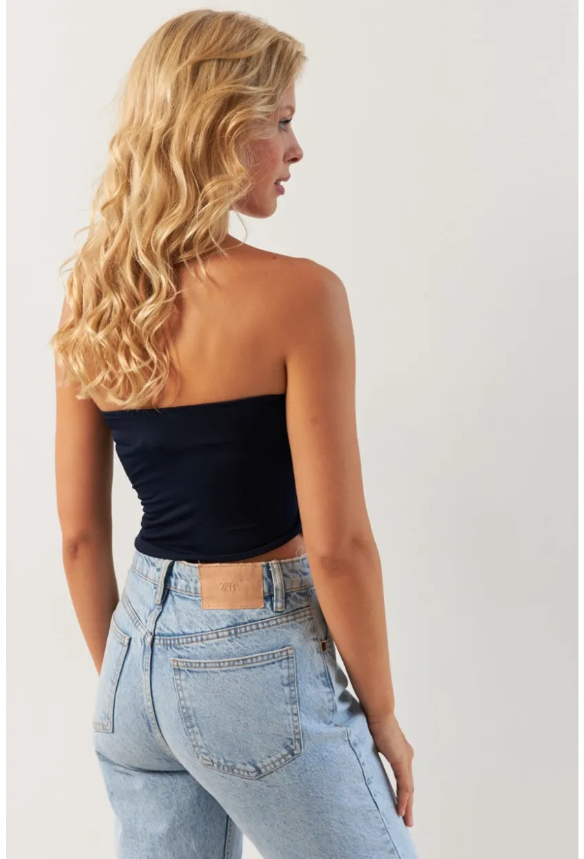 Kadın Lacivert Önü Büzgülü Crop Bluz MON138