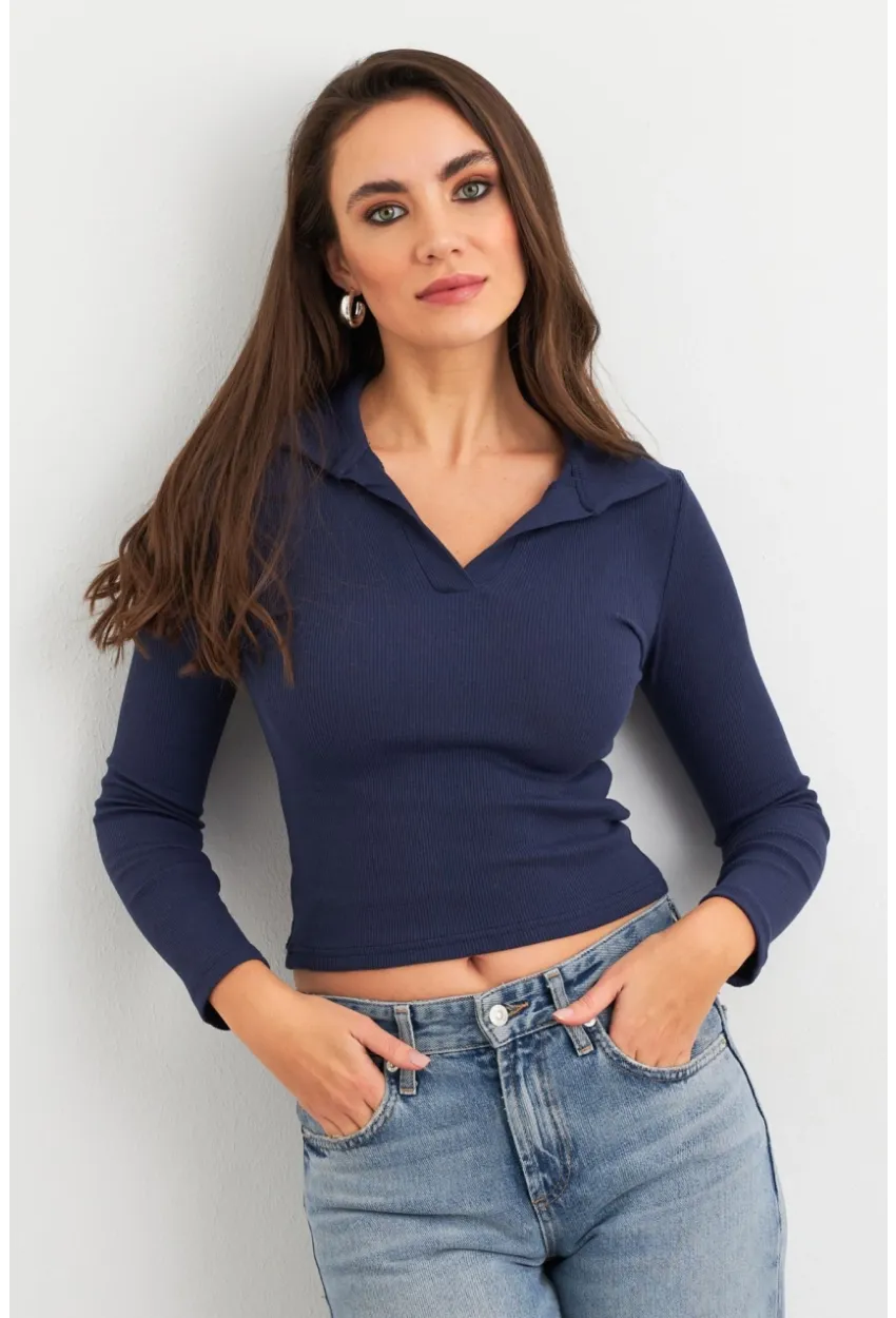 Kadın Lacivert Polo Yaka Kaşkorse Bluz LON3006