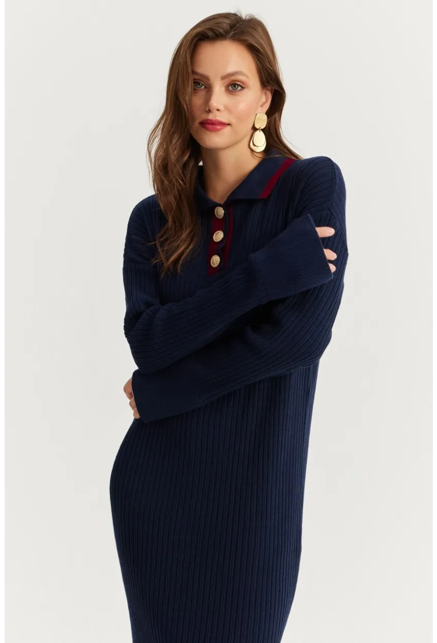 Kadın Lacivert Polo Yaka Triko Maxi Elbise MNUV17