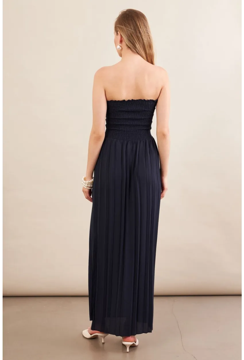 Kadın Lacivert Straplez Yaka Midi Elbise MSİ100