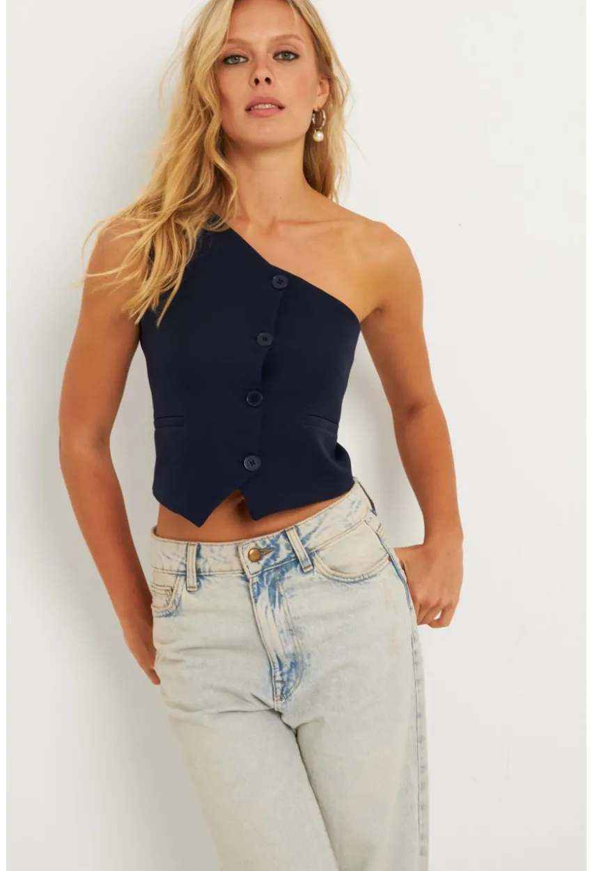 Kadın Lacivert Tek Omuz Astarlı Yelek TW60140