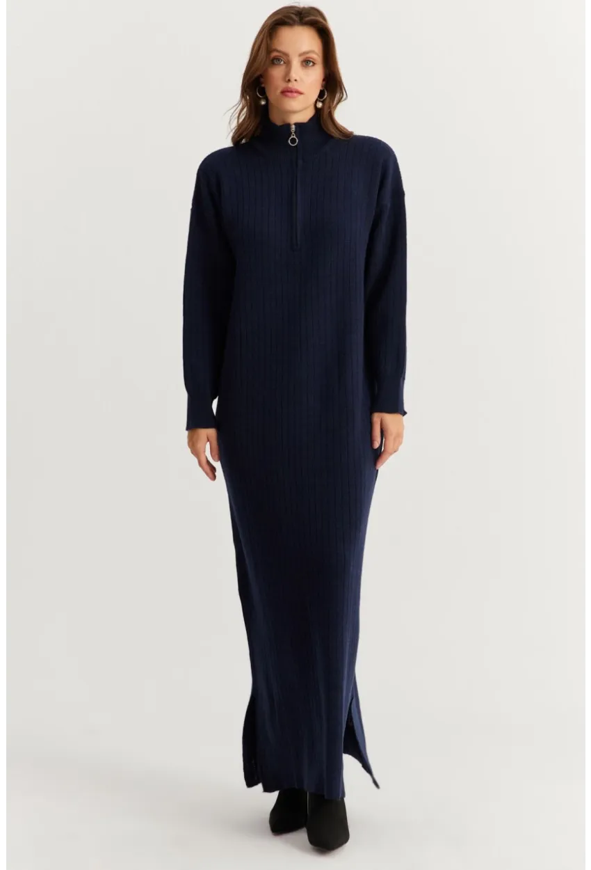 Kadın Lacivert Yakası Fermuarlı Triko Maxi Elbise MNUV10
