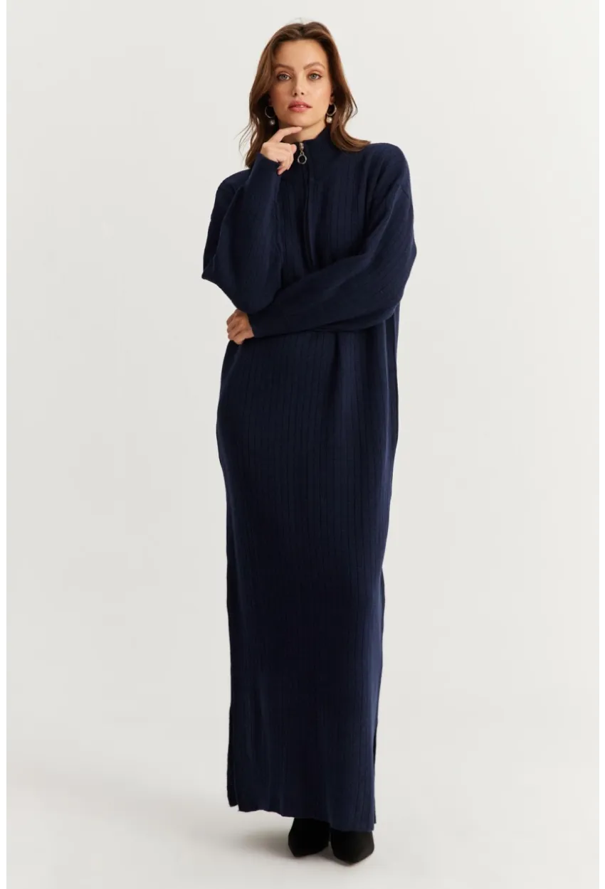 Kadın Lacivert Yakası Fermuarlı Triko Maxi Elbise MNUV10
