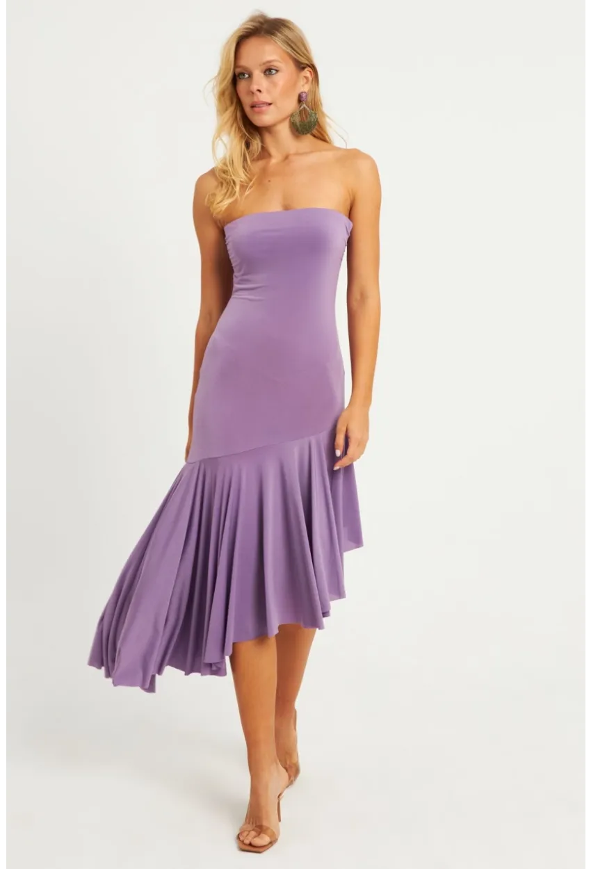 Kadın Lila Straplez Asimetrik Midi Elbise DMR337