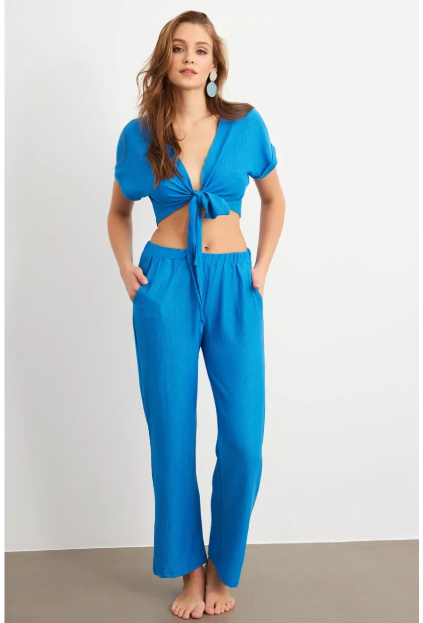 Kadın Mavi Bağlamalı Bürümcük Takım Q1012