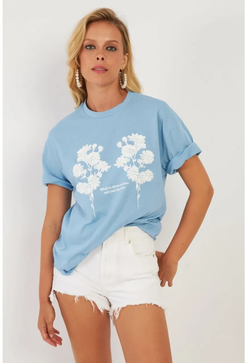 Kadın Mavi Baskılı T-Shirt AYD362