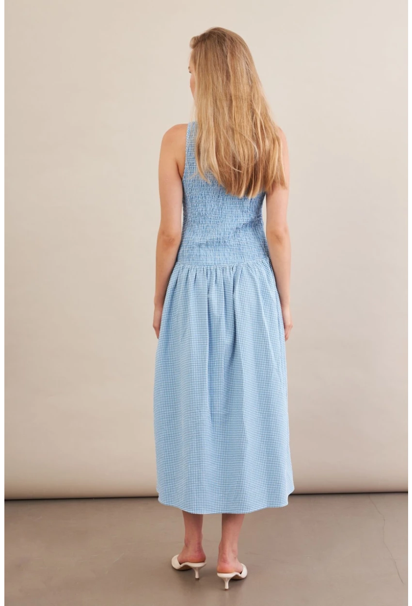 Kadın Mavi Beli Lastikli Gipeli Midi Elbise ZH130