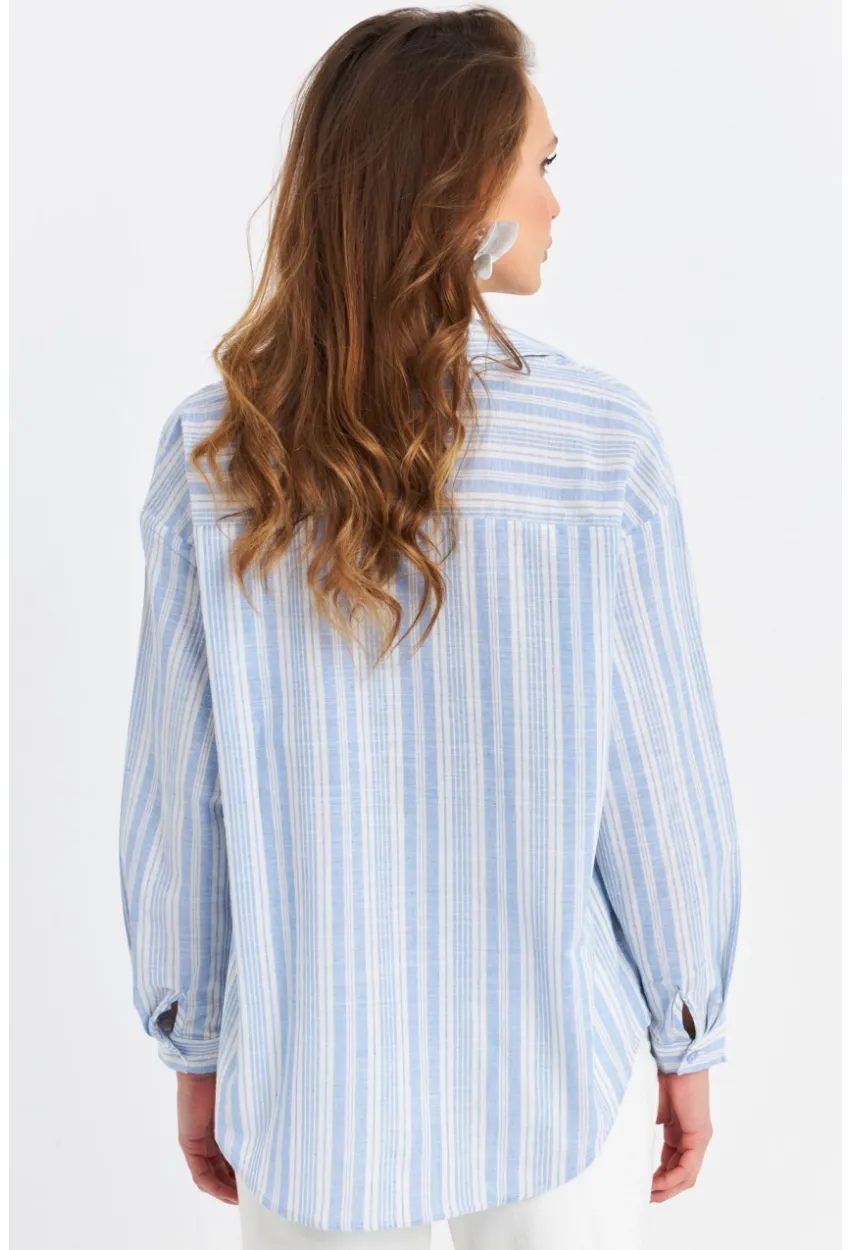 Kadın Mavi Çizgili Keten Gömlek ROP102