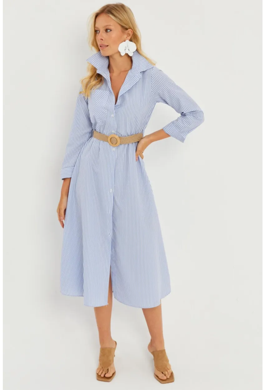 Kadın Mavi Çizgili Midi Gömlek Elbise PP5515