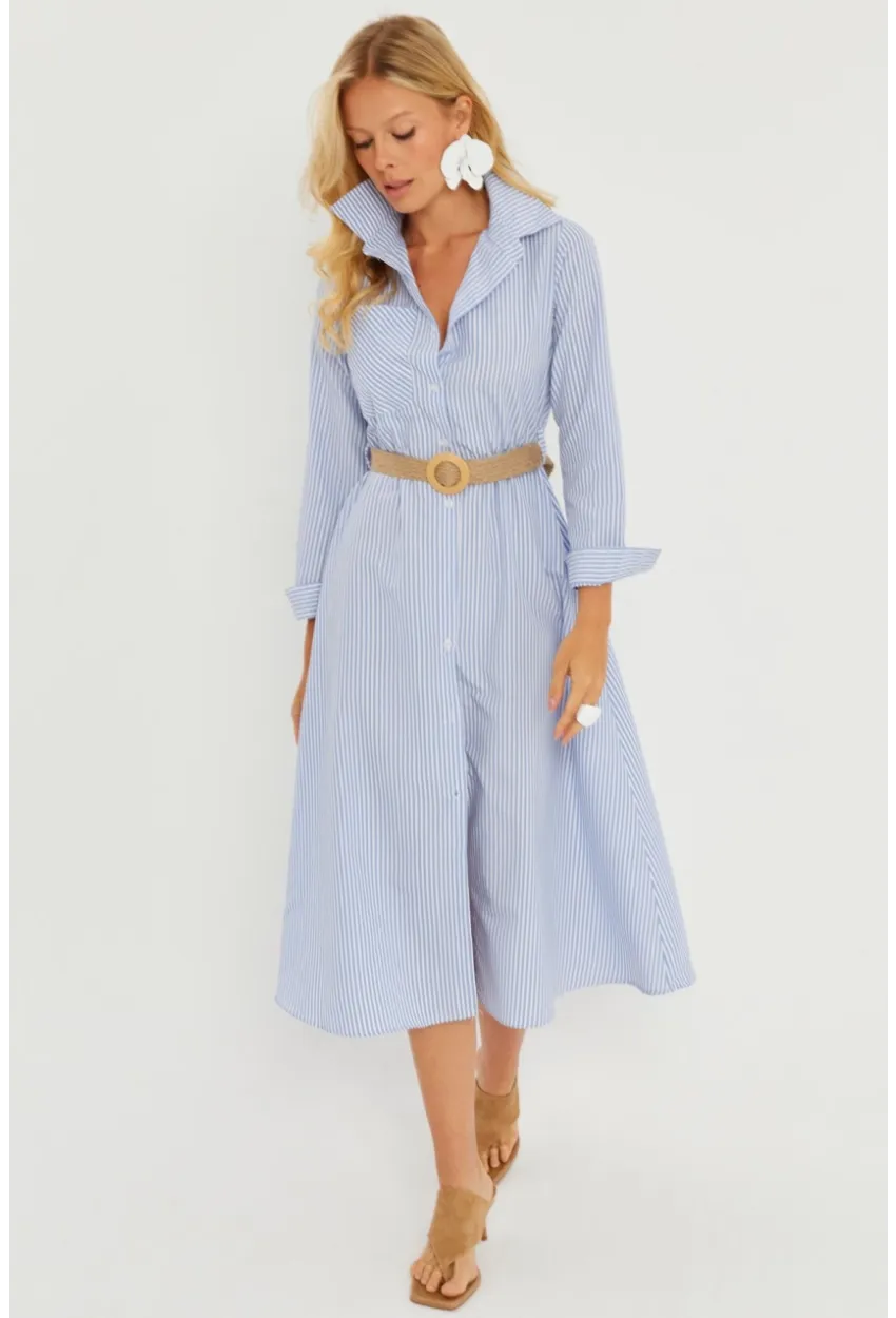 Kadın Mavi Çizgili Midi Gömlek Elbise PP5515