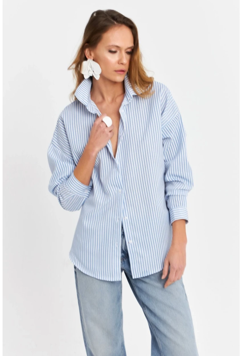 Kadın Mavi Çizgili Oversize Gömlek ZER420