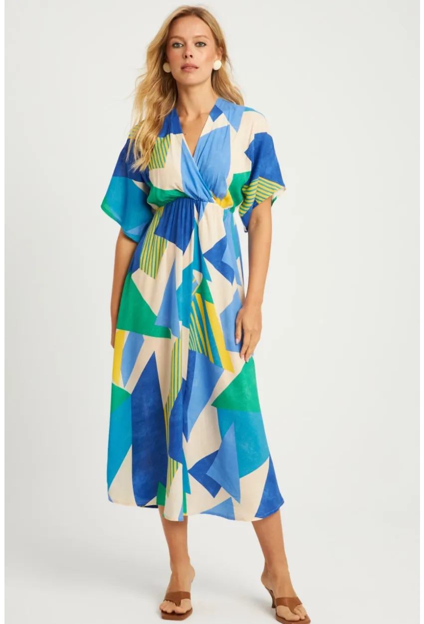 Kadın Mavi Desenli Kruvaze Midi Elbise HT108