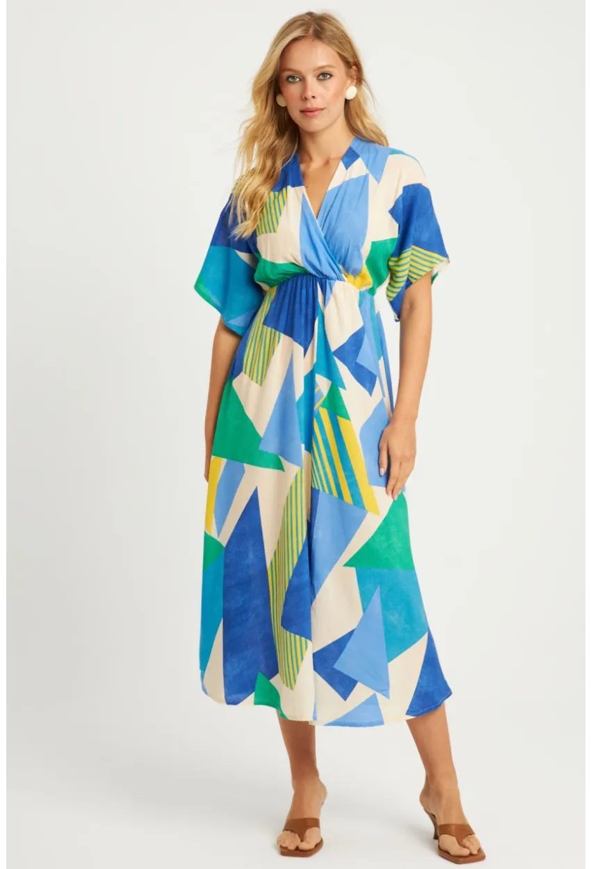 Kadın Mavi Desenli Kruvaze Midi Elbise HT108