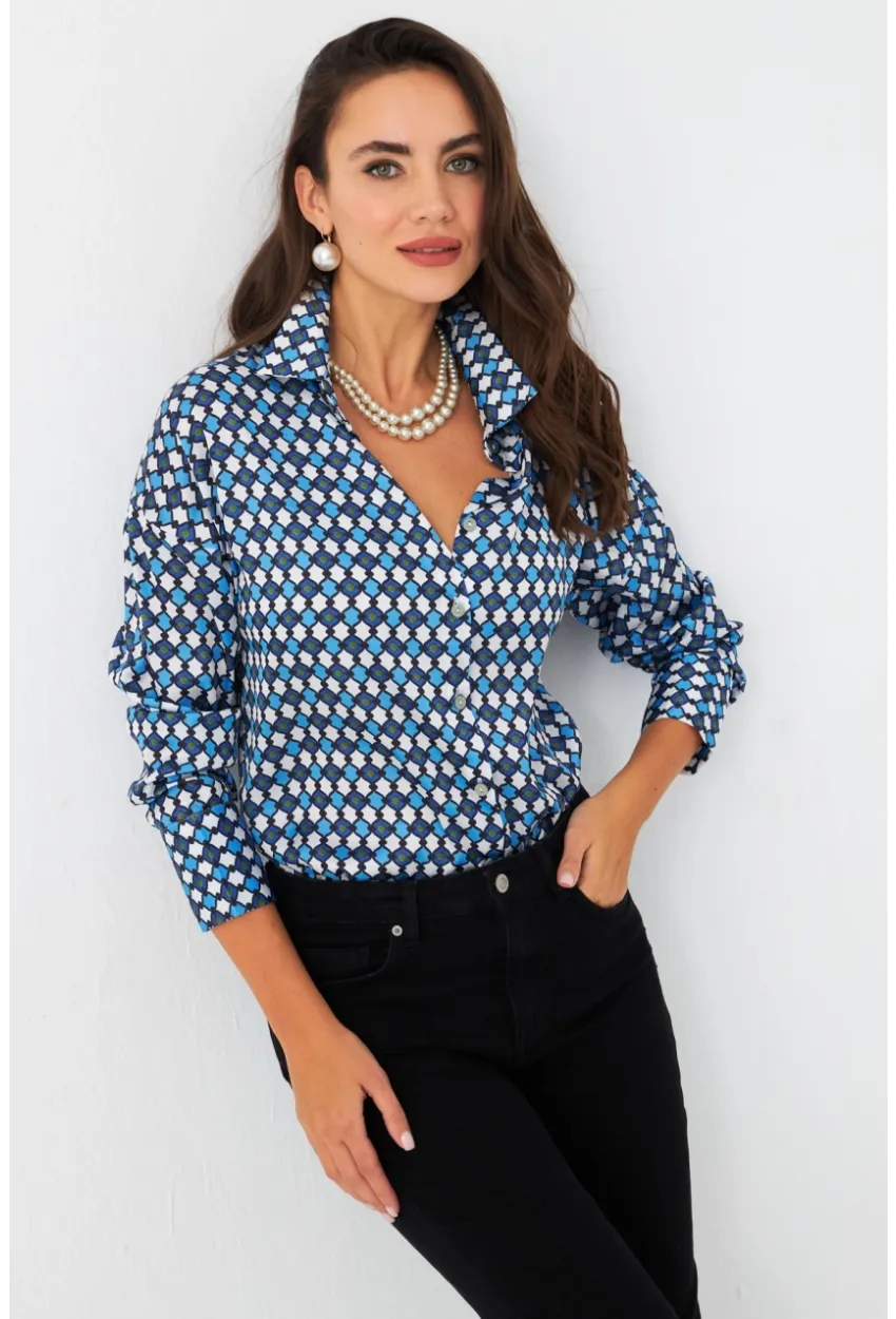 Kadın Mavi Desenli Saten Gömlek SHR9