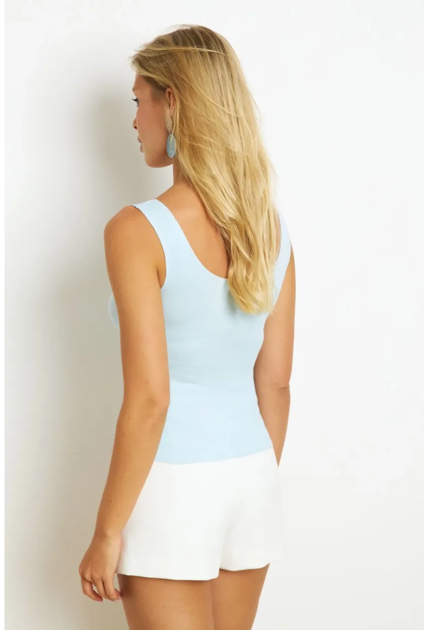 Kadın Mavi Düğme Aksesuarlı Bluz MK14