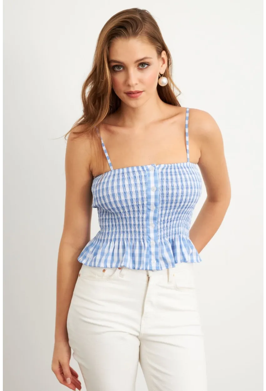 Kadın Mavi Ekose Lastikli Crop Bluz MTK13397