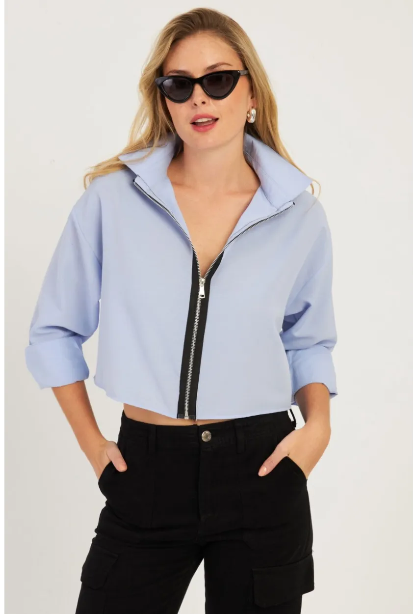 Kadın Mavi Fermuarlı Kısa Gömlek SF2541
