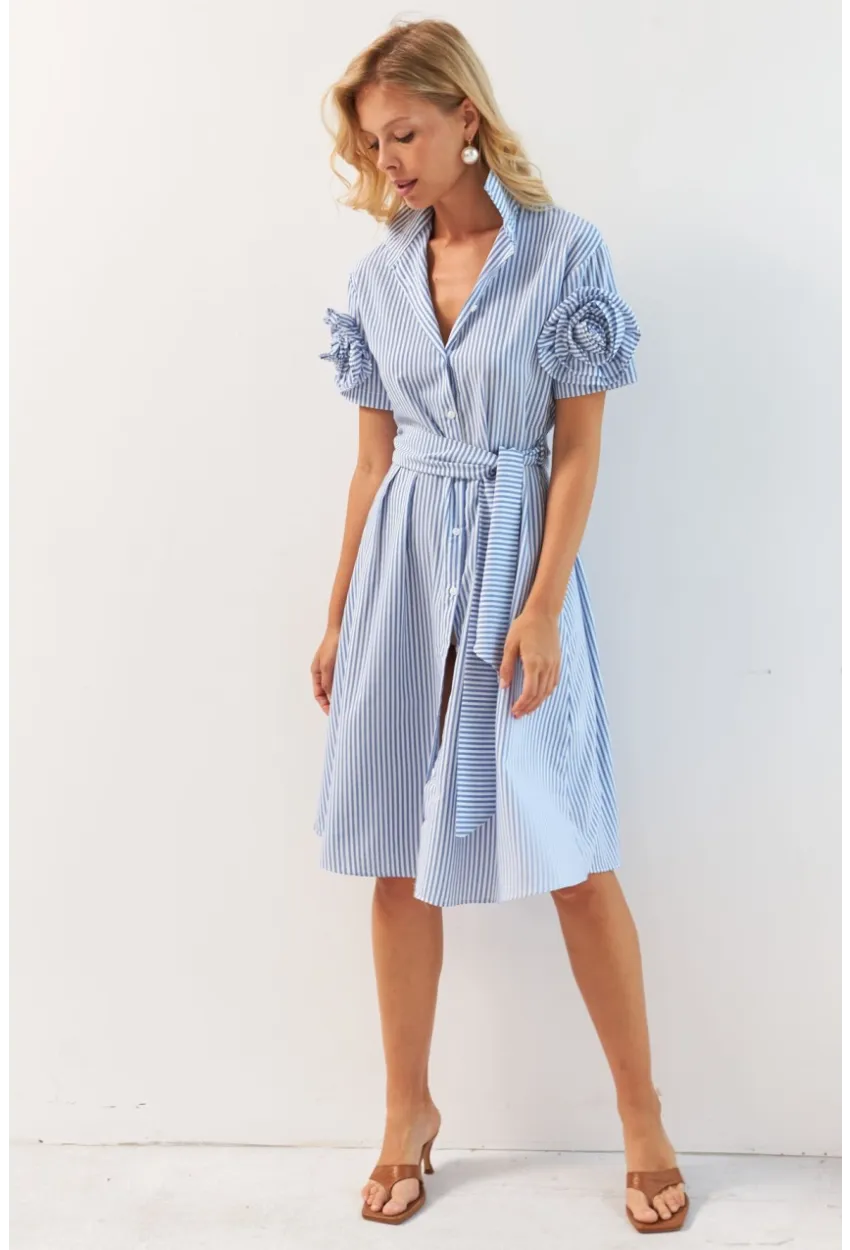 Kadın Mavi Gül Detaylı Midi Gömlek Elbise SF12812