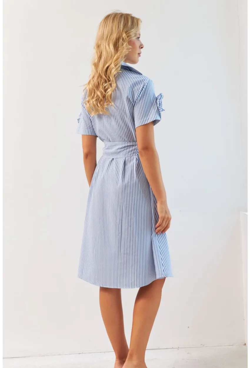 Kadın Mavi Gül Detaylı Midi Gömlek Elbise SF12812