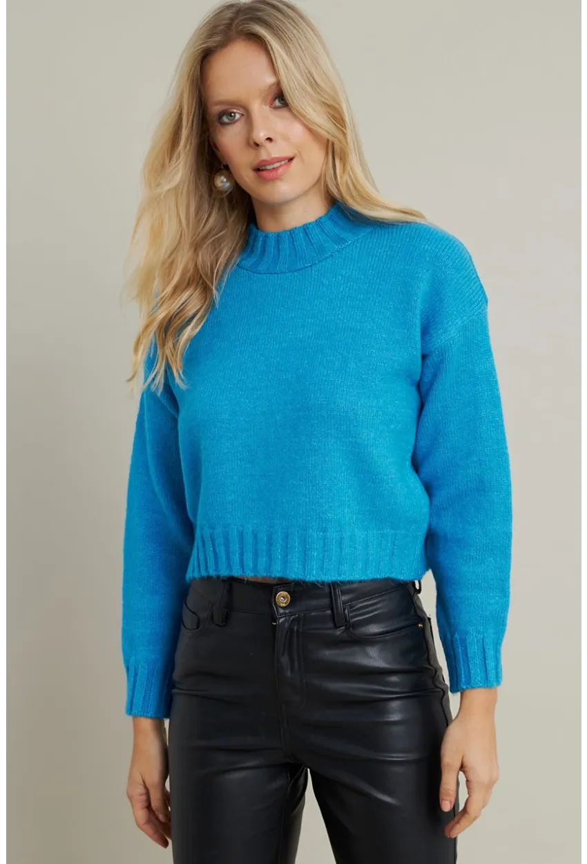 Kadın Mavi Kısa Triko Kazak YV301