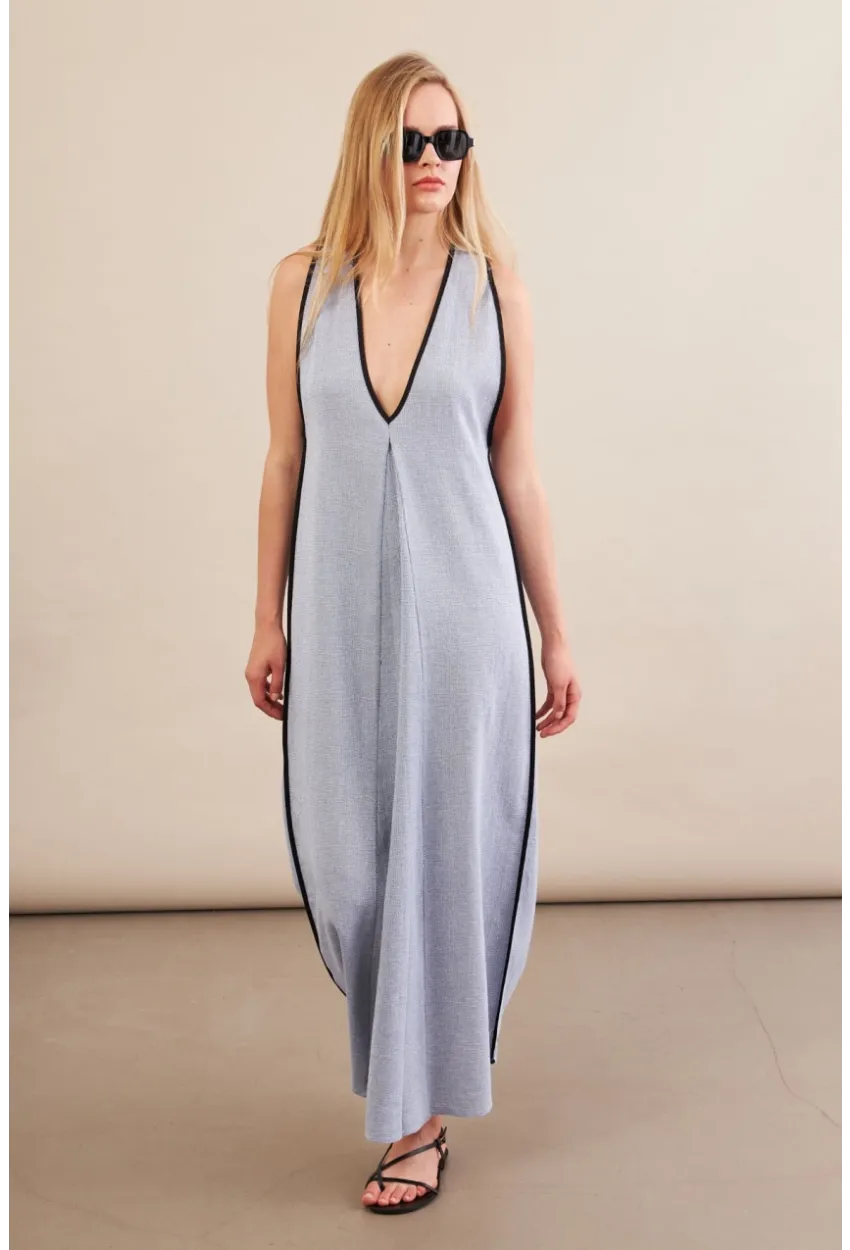 Kadın Mavi Kontrast Çizgili Maxi Keten Elbise MSİ101