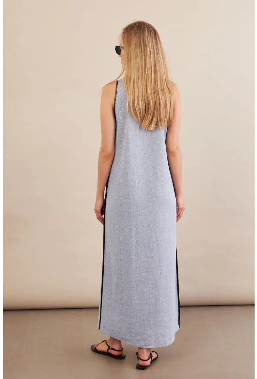 Kadın Mavi Kontrast Çizgili Maxi Keten Elbise MSİ101