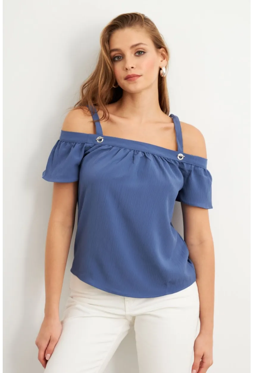 Kadın Mavi Kontrast Kollu Bürümcük Bluz RX452