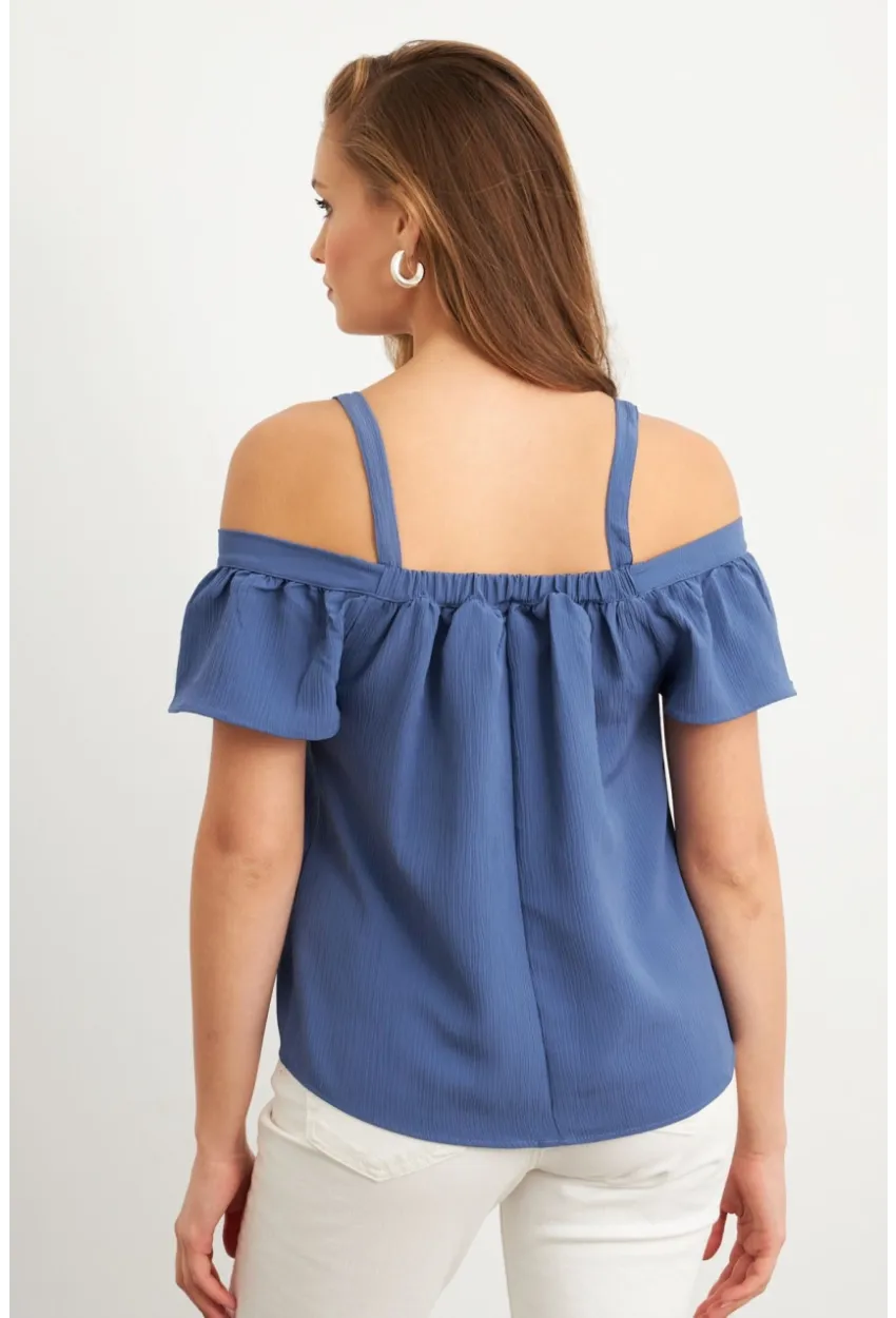 Kadın Mavi Kontrast Kollu Bürümcük Bluz RX452