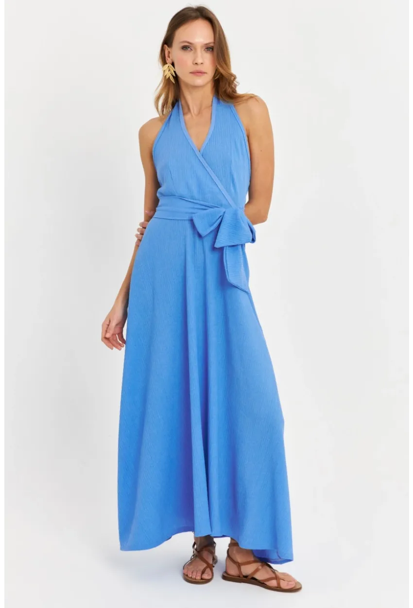 Kadın Mavi Kruvaze Bürümcük Maxi Elbise EY3053