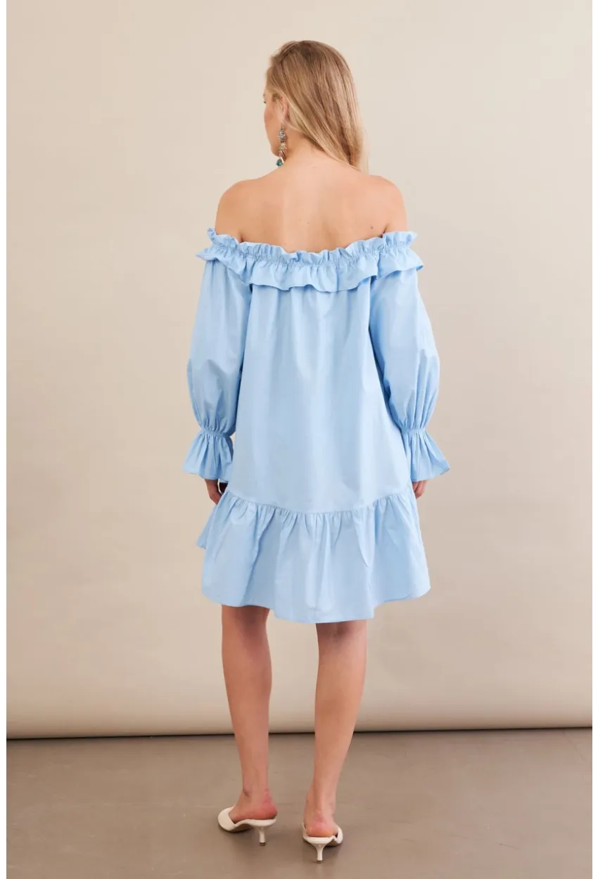 Kadın Mavi Madonna Yaka Midi Elbise PSG1012