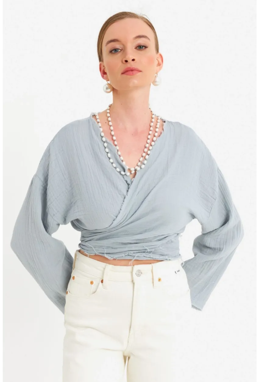 Kadın Mavi Müslin Crop Bluz PC20700