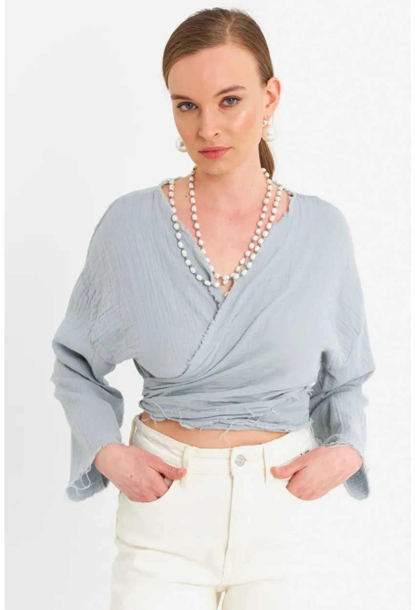 Kadın Mavi Müslin Crop Bluz PC20700