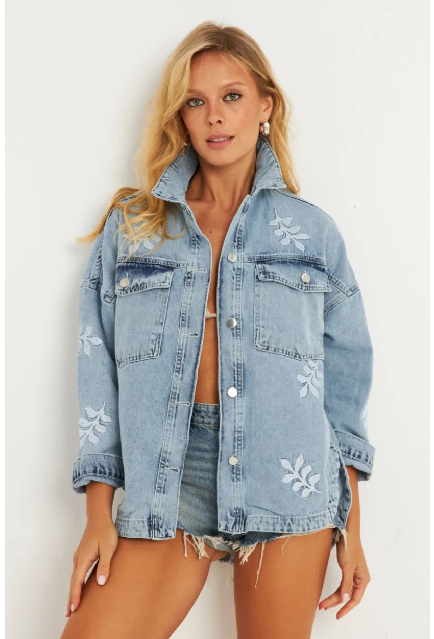 Kadın Mavi Nakışlı Denim Ceket İS248