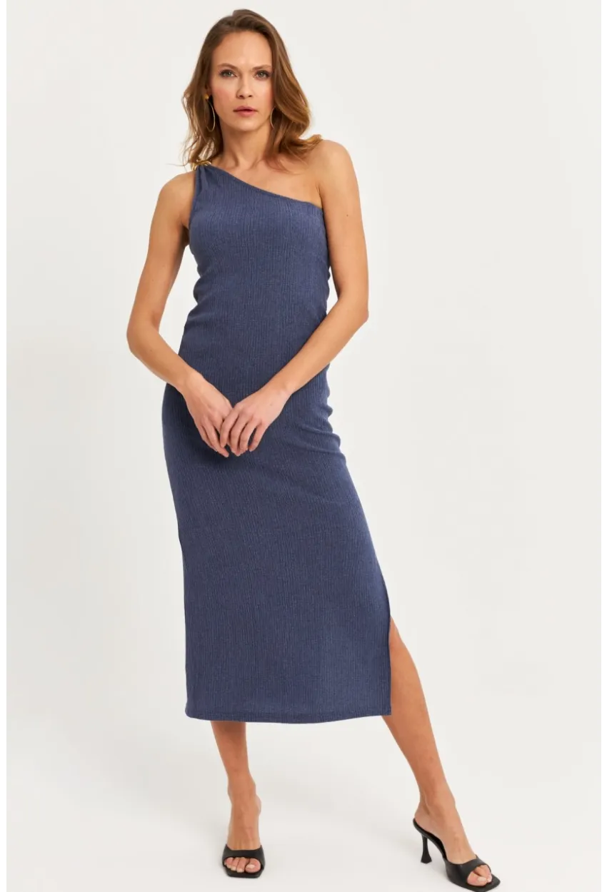 Kadın Mavi Omuz Aksesuarlı Kolsuz Midi Elbise MOD2400