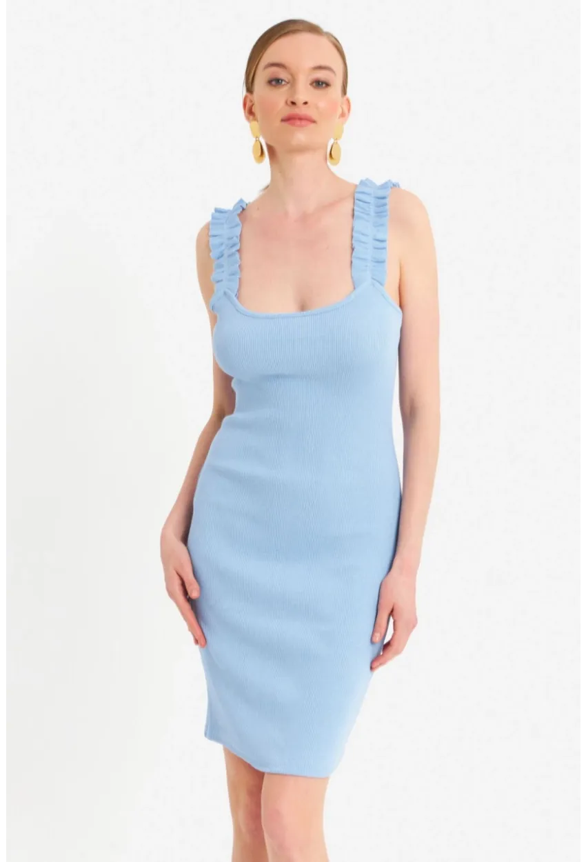 Kadın Mavi Omuz Bantlı Kaşkorse Mini Elbise URO203