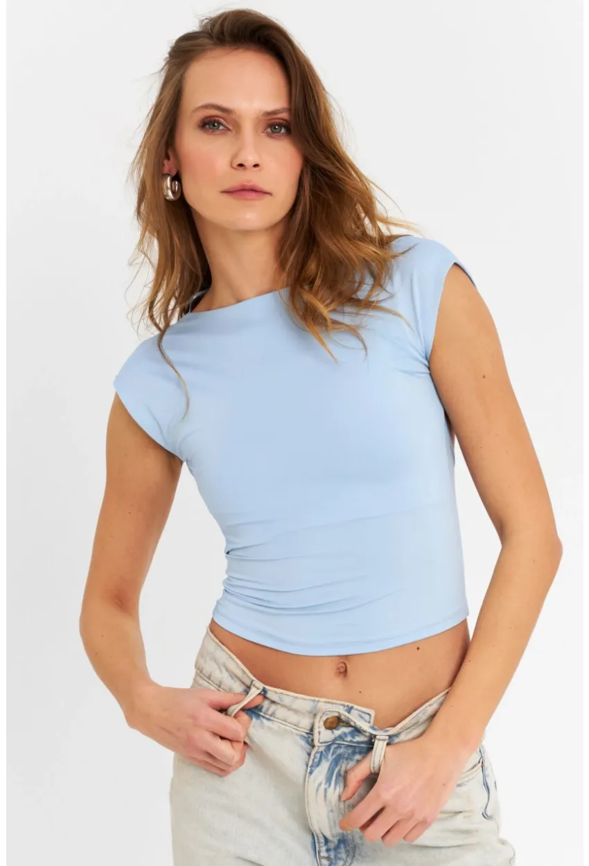 Kadın Mavi Sırtı Açık Crop Bluz ZH083