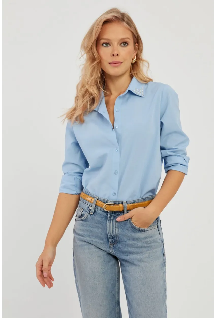 Kadın Mavi Taş Detaylı Gömlek ZER402