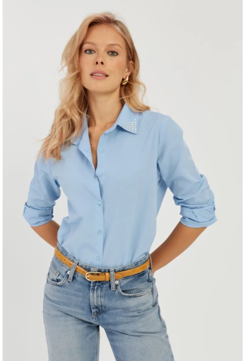 Kadın Mavi Taş Detaylı Gömlek ZER402