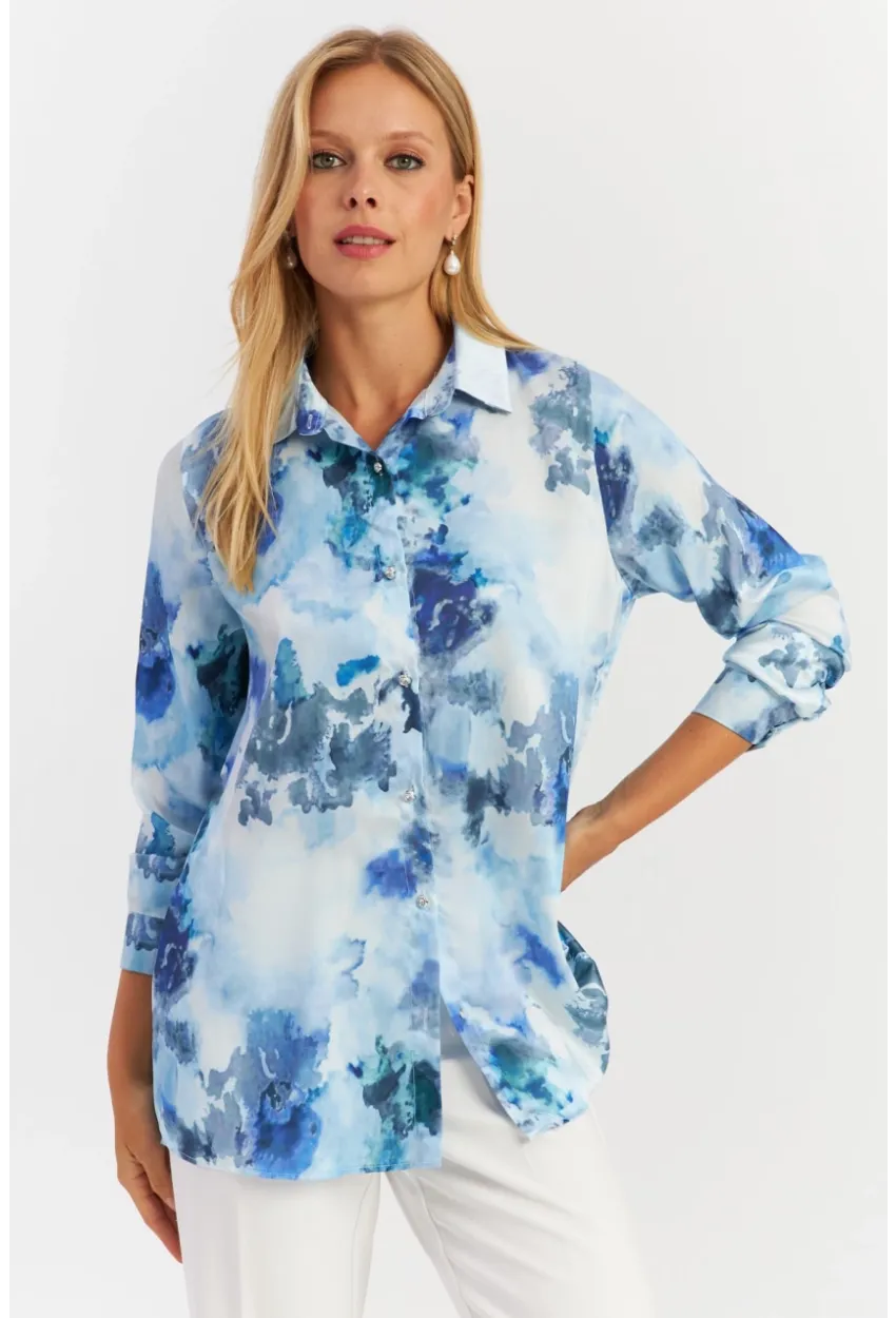 Kadın Mavi Taş Düğmeli Desenli Gömlek MLVF9