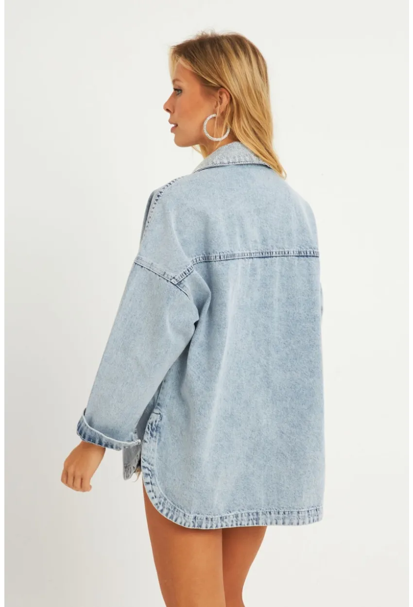 Kadın Mavi Taşlı Denim Ceket İS249
