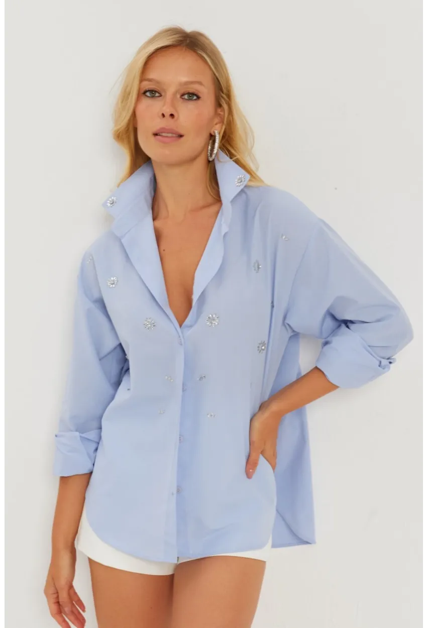 Kadın Mavi Taşlı Gömlek SF2550