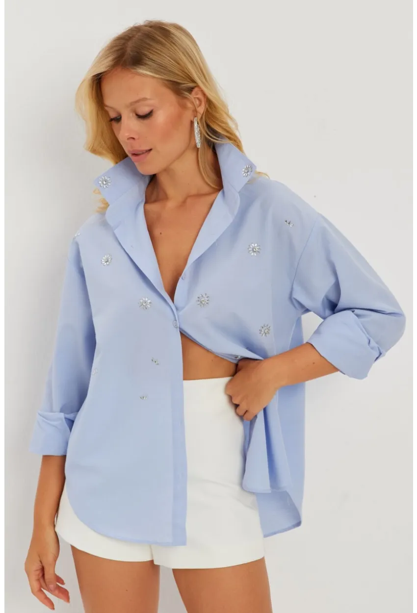Kadın Mavi Taşlı Gömlek SF2550